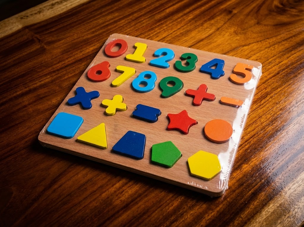 Wooden Numbers Puzzle (1–9) with Math Symbols & Polygon Shapes – Educational Early Learning Toy
