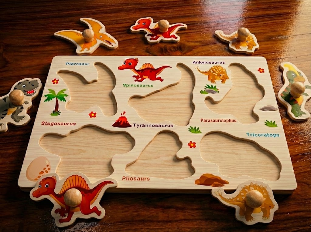 Wooden Dinosaur Pegged Puzzle for Kids – Educational Toy with Dinosaur Types & Figures