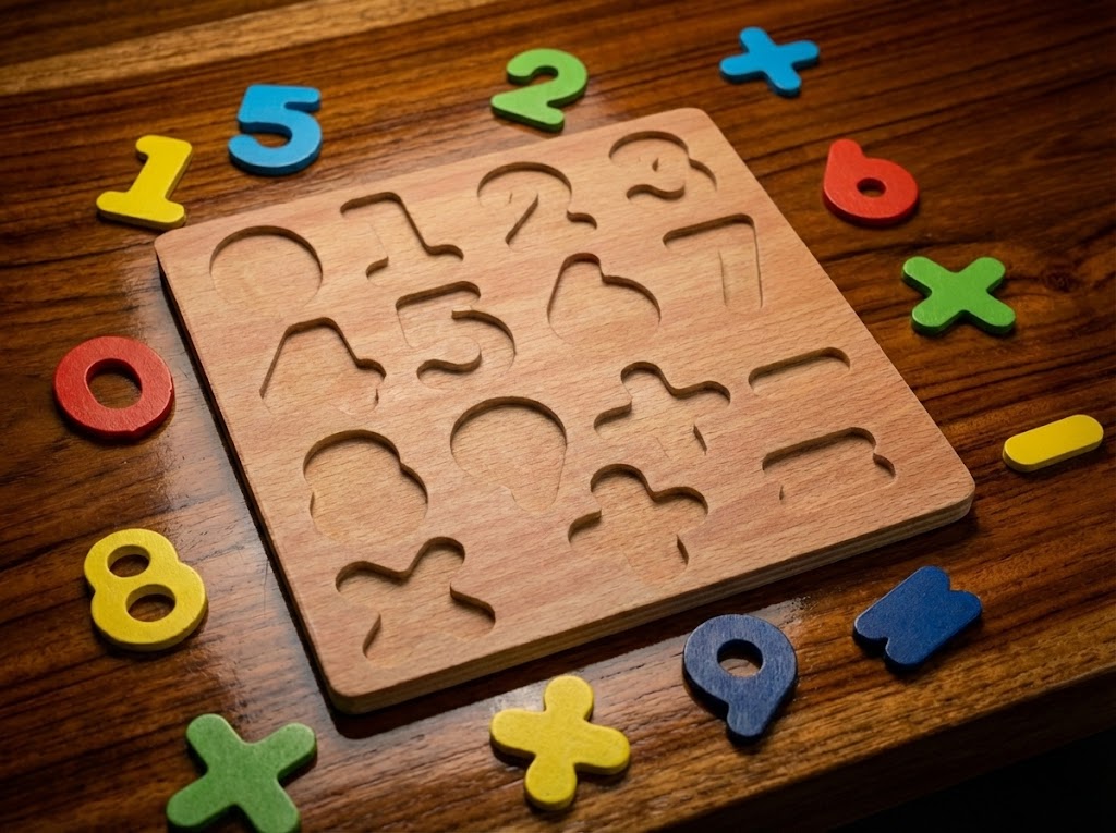 Wooden Numbers Puzzle Board (1–9) with Math Symbols – Educational Counting & Early Math Toy