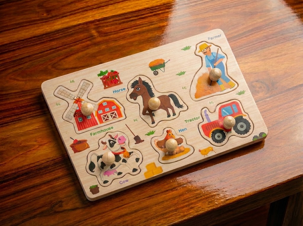 Wooden Pegged Farm Puzzle for Kids – Educational Toy with Farm Animals & Figures