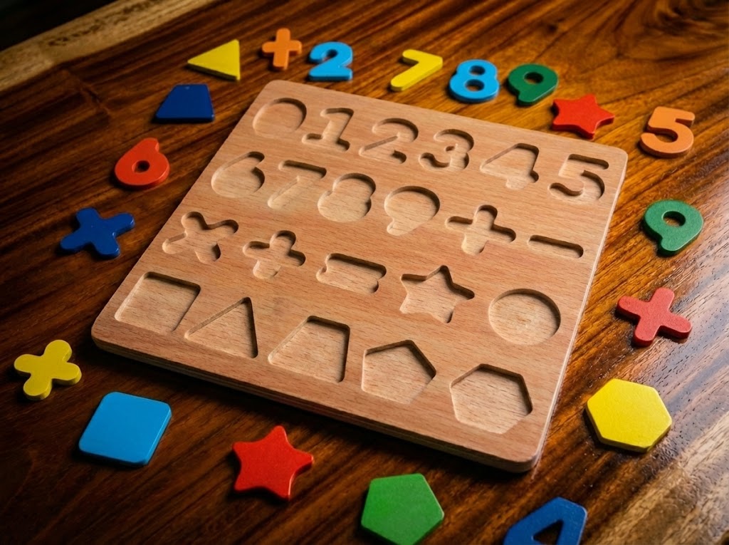 Wooden Numbers Puzzle (1–9) with Math Symbols & Polygon Shapes – Educational Early Learning Toy