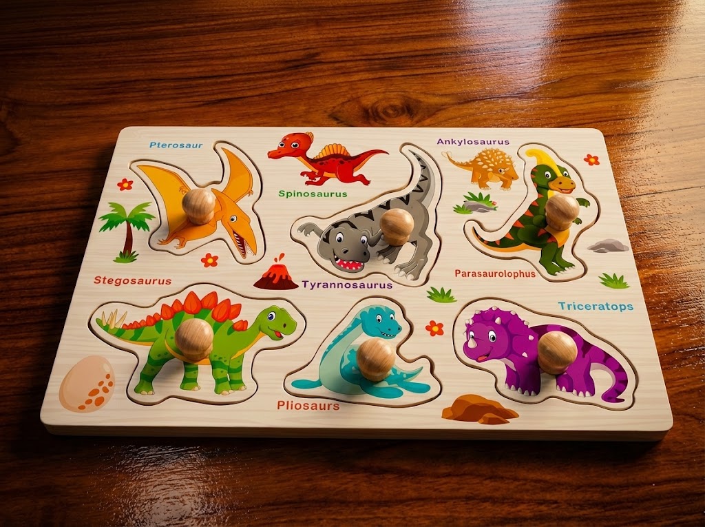 Wooden Dinosaur Pegged Puzzle for Kids – Educational Toy with Dinosaur Types & Figures